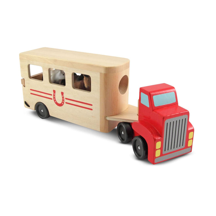 An assembled or decorated the Melissa & Doug Horse Carrier Wooden Vehicle Play Set With 2 Flocked Horses and Pull-Down Ramp