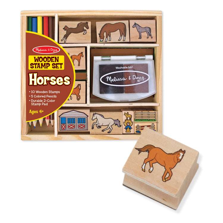 The loose pieces of the Melissa & Doug Wooden Stamp Activity Set: Horses - 10 Stamps, 5 Colored Pencils, 2-Color Stamp Pad