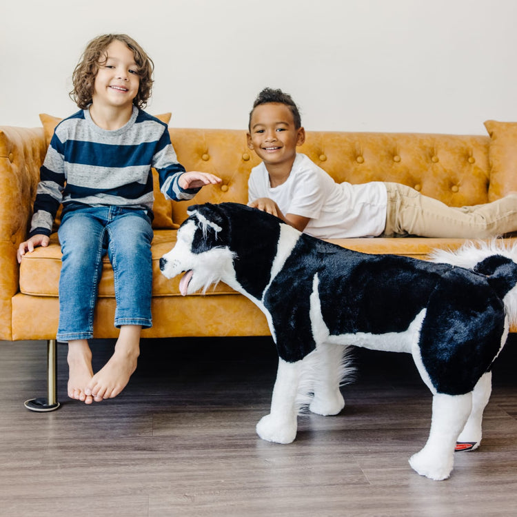 A kid playing with the Melissa & Doug Giant Siberian Husky - Lifelike Stuffed Animal Dog (over 2 feet tall)