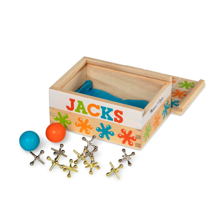 The loose pieces of the Melissa & Doug Jacks Game with 10 Playing Pieces and 2 Balls in Wooden Storage Box