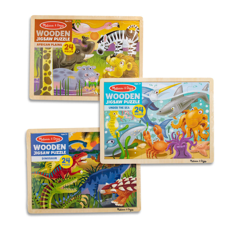 the Melissa & Doug 24-Piece Wooden Jigsaw Puzzle 3-Pack -- Dinosaur, Safari and Ocean