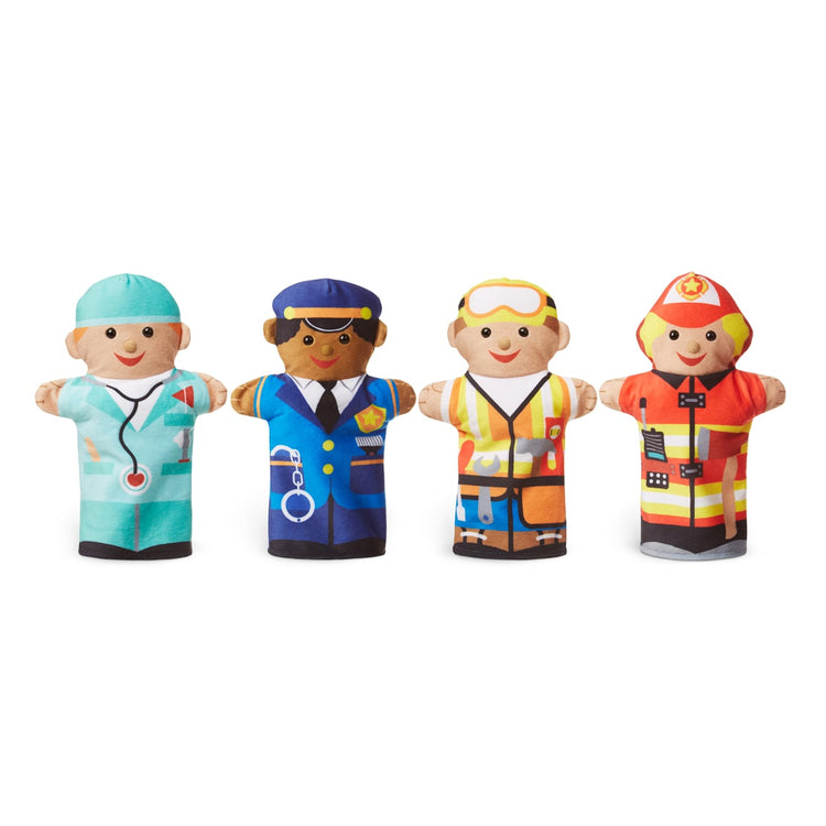 The loose pieces of the Melissa & Doug Jolly Helpers Hand Puppets (Set of 4) - Construction Worker, Doctor, Police Officer, and Firefighter