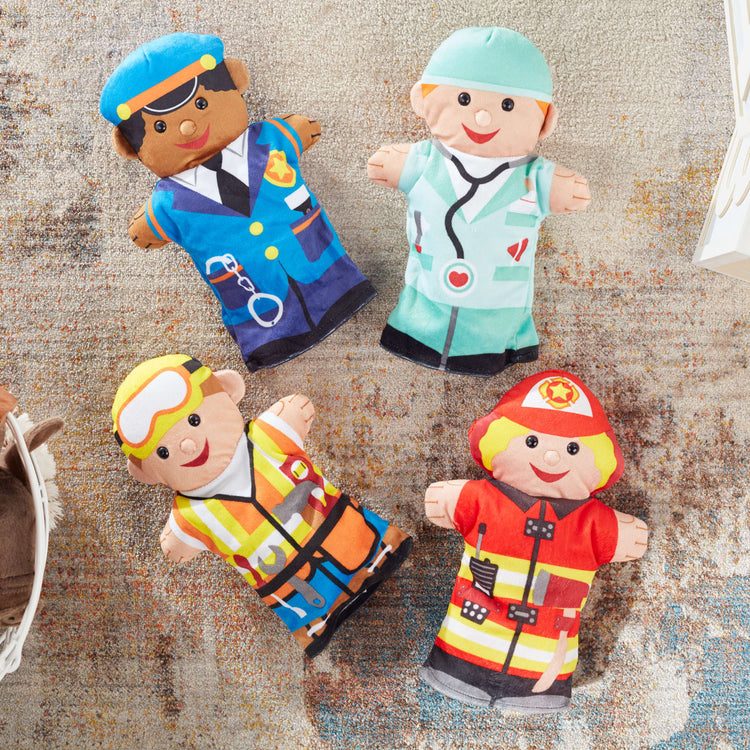 the Melissa & Doug Jolly Helpers Hand Puppets (Set of 4) - Construction Worker, Doctor, Police Officer, and Firefighter