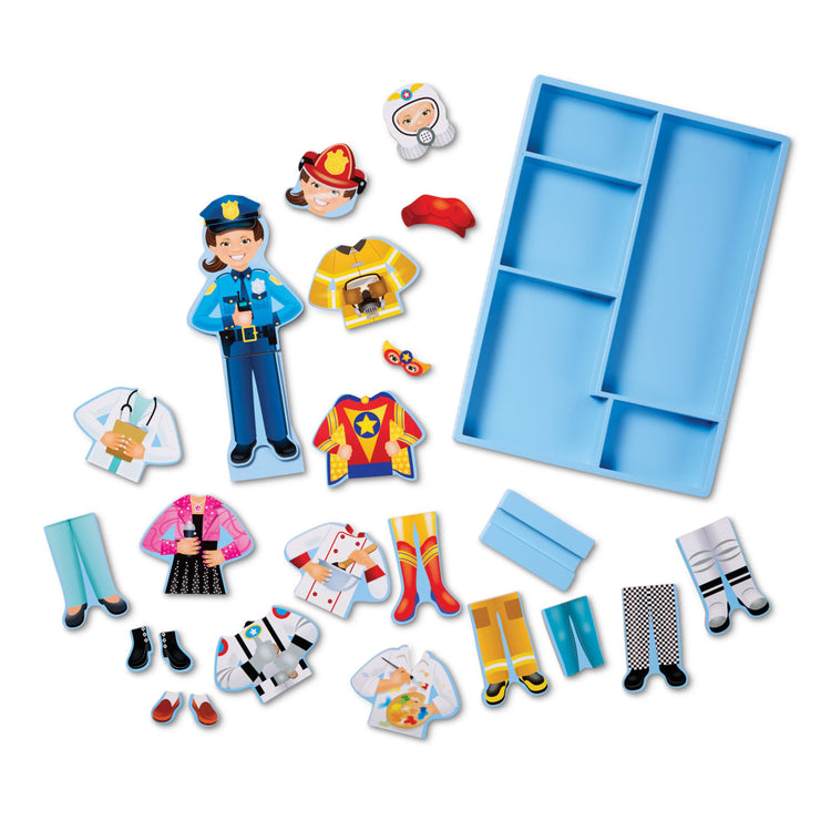 The loose pieces of the Melissa & Doug Julia Magnetic Dress-Up Wooden Doll Pretend Play Set (25+ pcs)