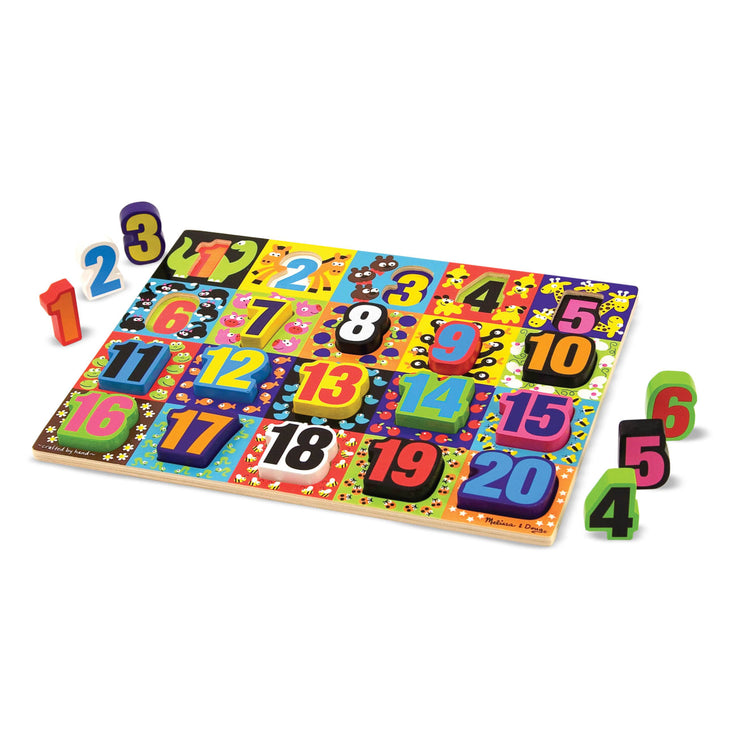 The loose pieces of the Melissa & Doug Jumbo Numbers Wooden Chunky Puzzle (20 pcs)