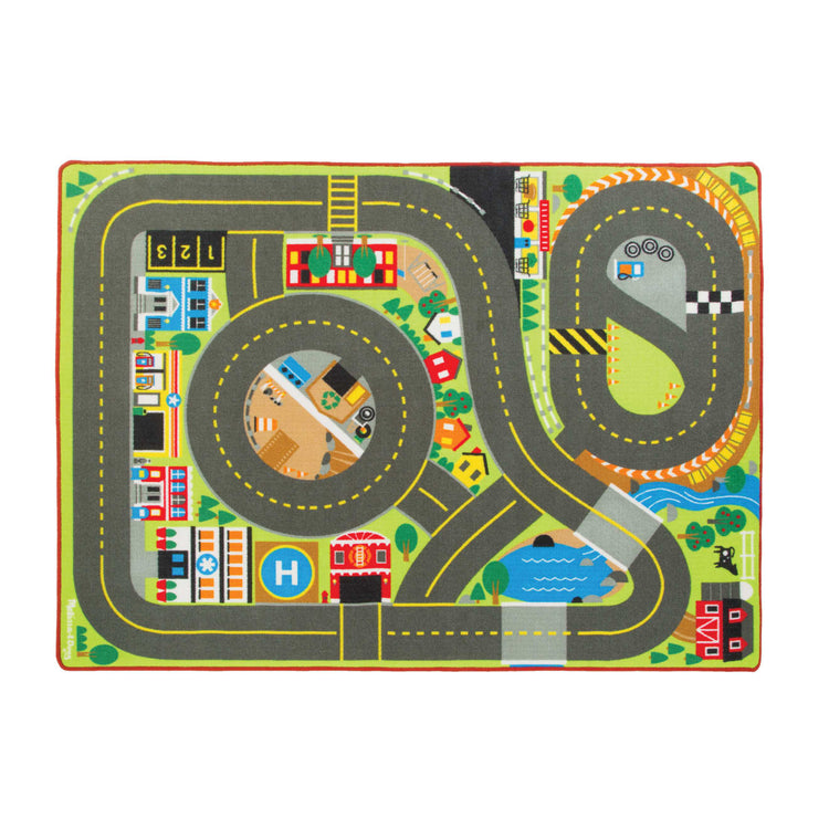 The loose pieces of the Melissa & Doug Jumbo Roadway Activity Rug With 4 Wooden Traffic Signs (79 x 58 inches)