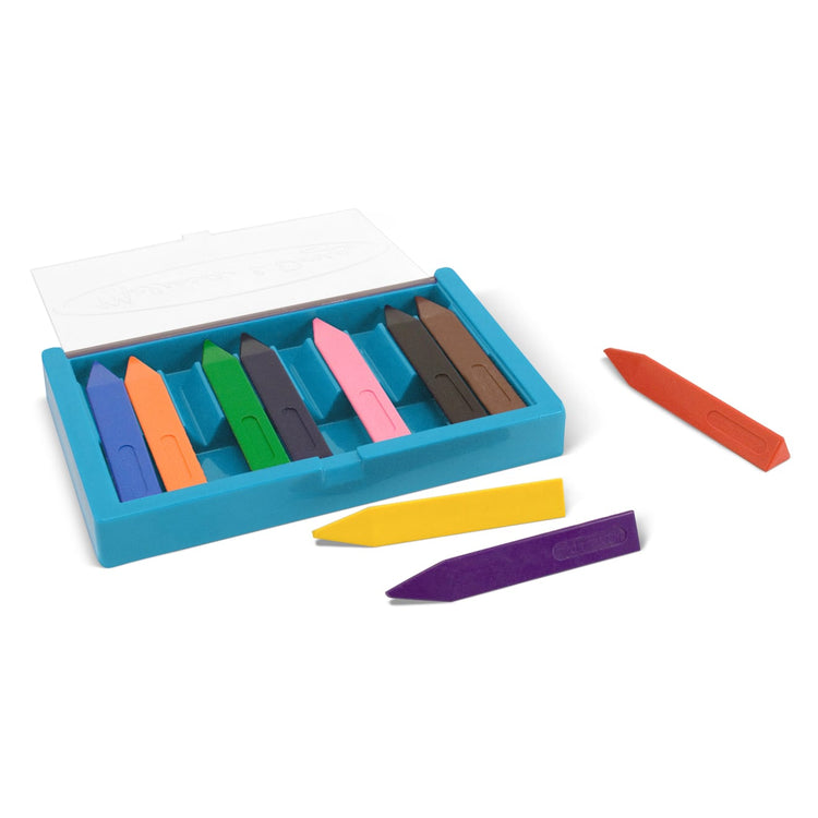 The loose pieces of the Melissa & Doug Jumbo Triangular Crayons - 10-Pack, Non-Roll, Flip-Top Case