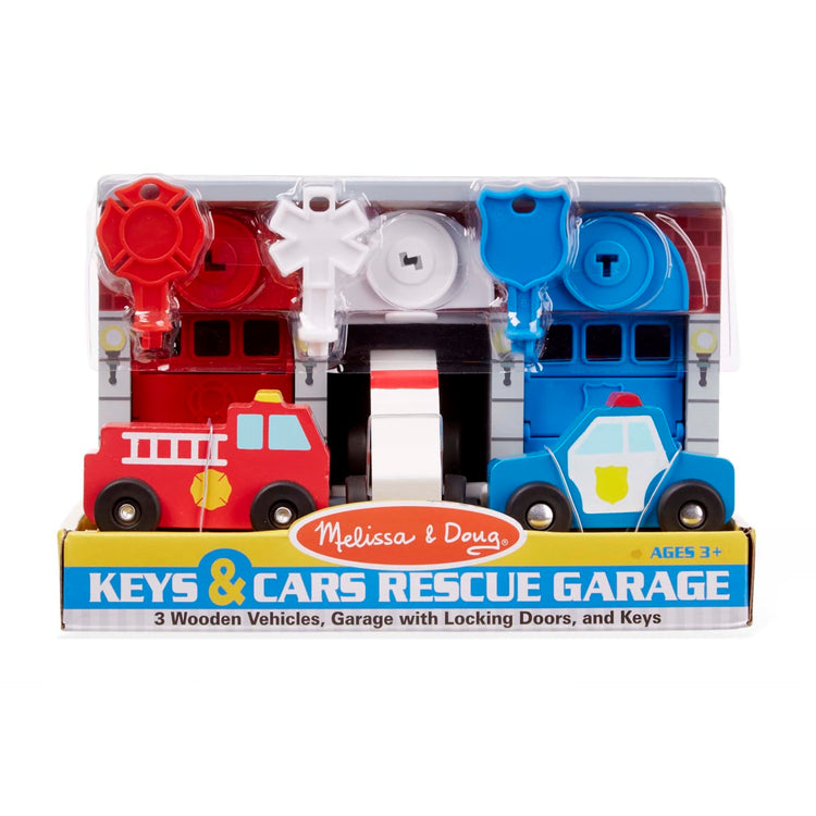 the Melissa & Doug Toy Keys and Cars Wooden Rescue Vehicles and Garage (7 pcs)