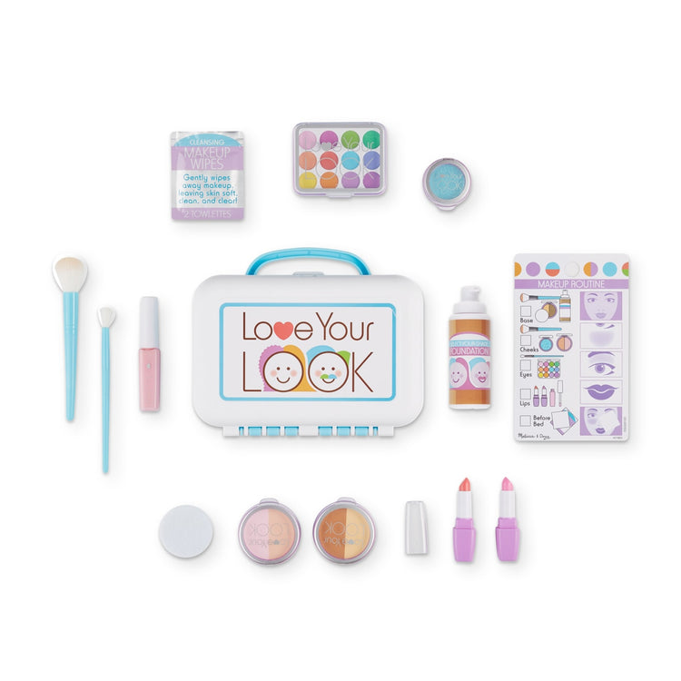 The front of the box for the Melissa & Doug Love Your Look Pretend Makeup Kit Play Set – 16 Pieces for Mess-Free Pretend Makeup Play (DOES NOT CONTAIN REAL COSMETICS)