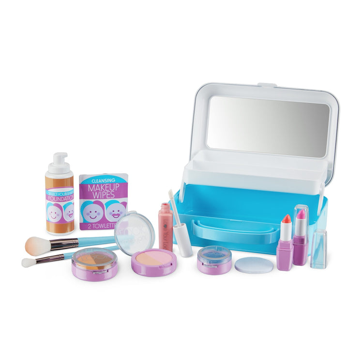 The loose pieces of the Melissa & Doug Love Your Look Pretend Makeup Kit Play Set – 16 Pieces for Mess-Free Pretend Makeup Play (DOES NOT CONTAIN REAL COSMETICS)