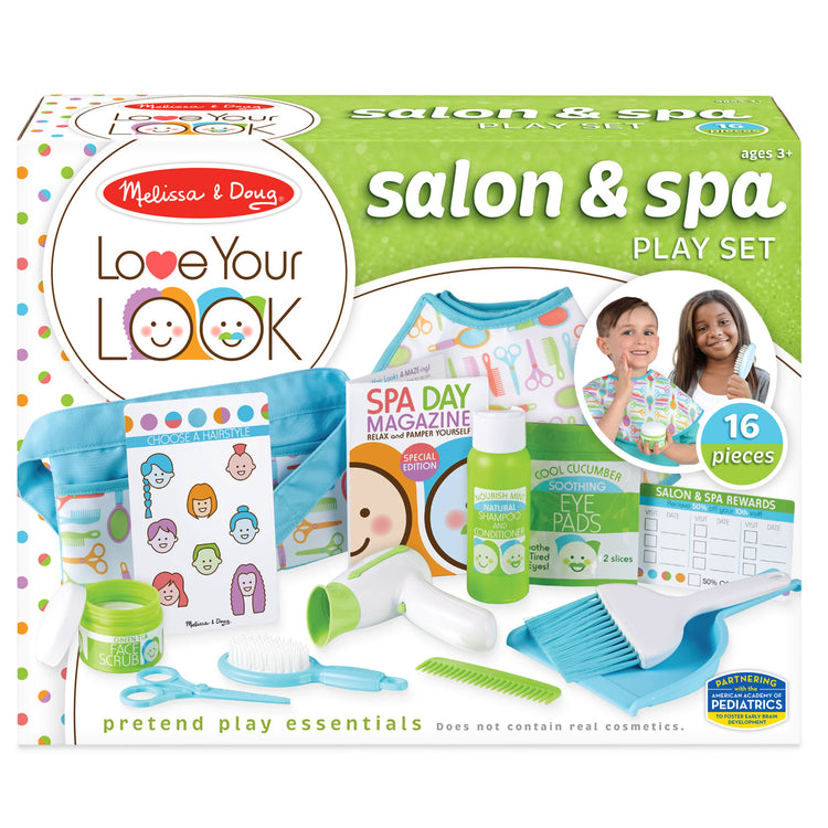 The front of the box for the Melissa & Doug Love Your Look Salon & Spa Play Set – 16 Pieces for Pretend Toy Hair and Face Care (No Real Cosmetics)