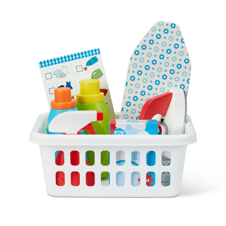 The loose pieces of the Melissa & Doug Laundry Basket Play Set With Wooden Iron, Ironing Board, and Accessories (14 Pcs)