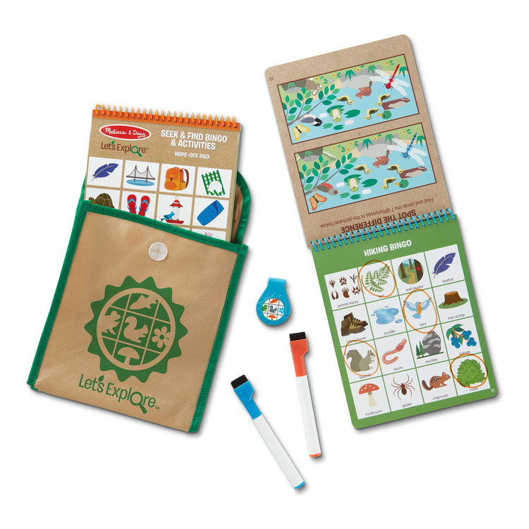 The loose pieces of the Melissa & Doug Let’s Explore Seek & Find Bingo Play Set – 2 20-Page Reusable Activity Pads, 2 Dry-Erase Markers