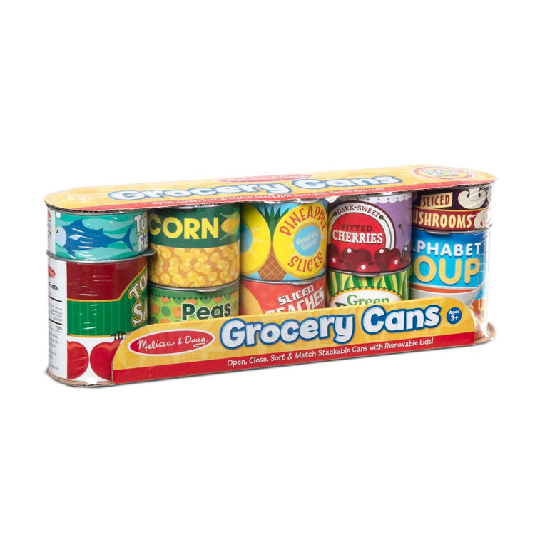 the Melissa & Doug Let's Play House! Grocery Cans Play Food Kitchen Accessory - 10 Stackable Cans With Removable Lids