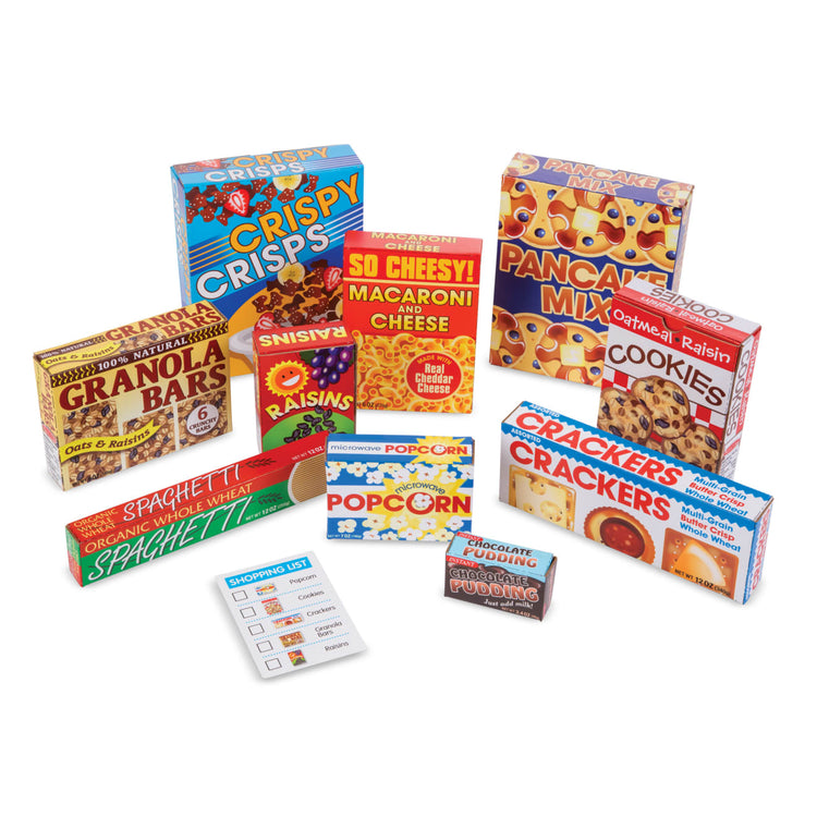 The loose pieces of the Melissa & Doug Grocery Boxes for Pretend Kitchens and Shopping (11 pcs)