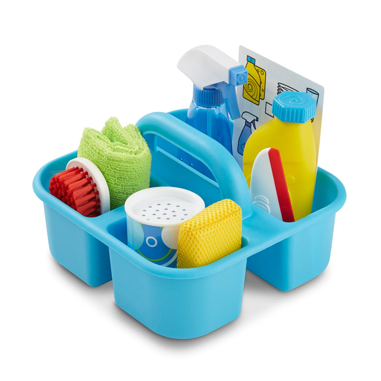 The loose pieces of the Melissa & Doug Spray, Squirt & Squeegee Play Set - Pretend Play Cleaning Set