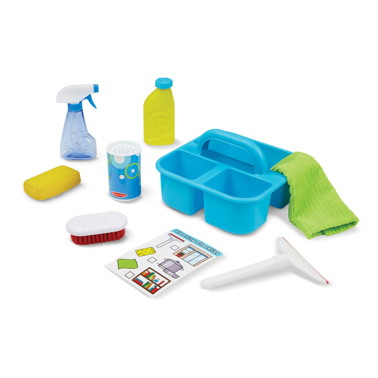 The loose pieces of the Melissa & Doug Spray, Squirt & Squeegee Play Set - Pretend Play Cleaning Set