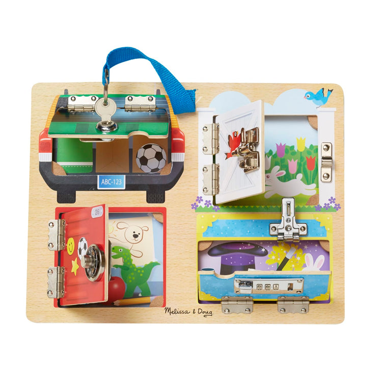 The loose pieces of the Melissa & Doug Locks and Latches Board Wooden Educational Toy