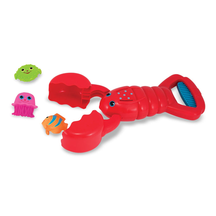 The loose pieces of the Melissa & Doug Sunny Patch Louie Lobster Claw Catcher - Grab-and-Squeeze Pool Toy