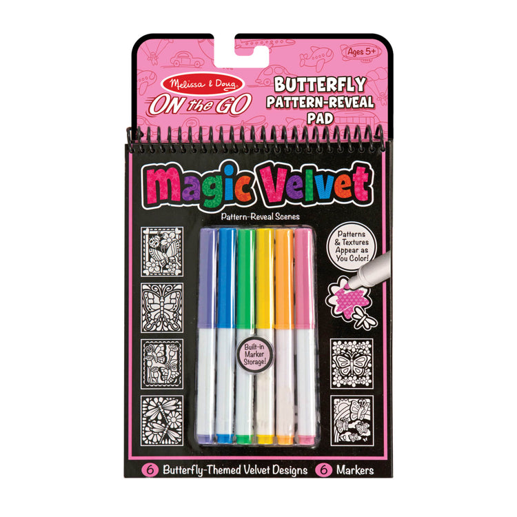 The front of the box for the Melissa & Doug On the Go Magic Velvet Pattern-Reveal Scenes Activity Kit - 6 Coloring Boards, 6 Markers