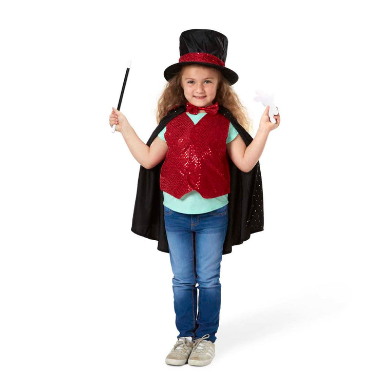 A child on white background with the Melissa & Doug Magician Costume Role Play Set - Includes Hat, Cape, Wand, Magic Tricks