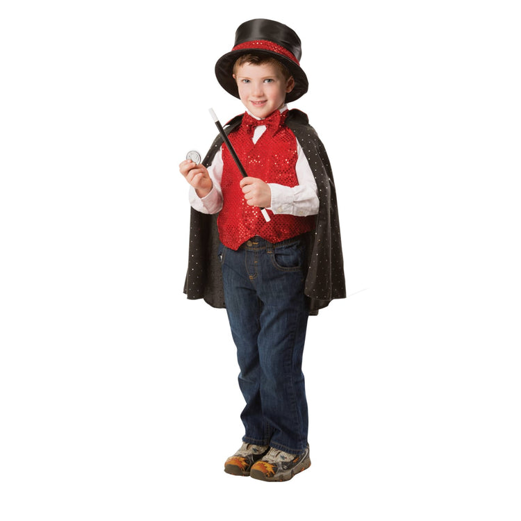 A child on white background with the Melissa & Doug Magician Costume Role Play Set - Includes Hat, Cape, Wand, Magic Tricks