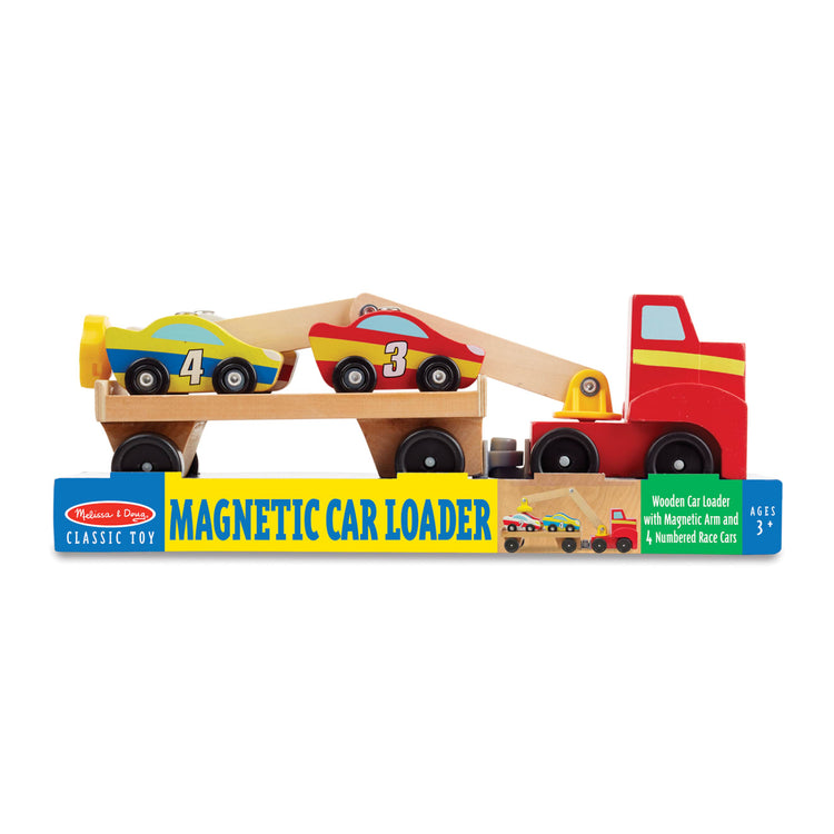 the Melissa & Doug Magnetic Car Loader Wooden Toy Set With 4 Cars and 1 Semi-Trailer Truck