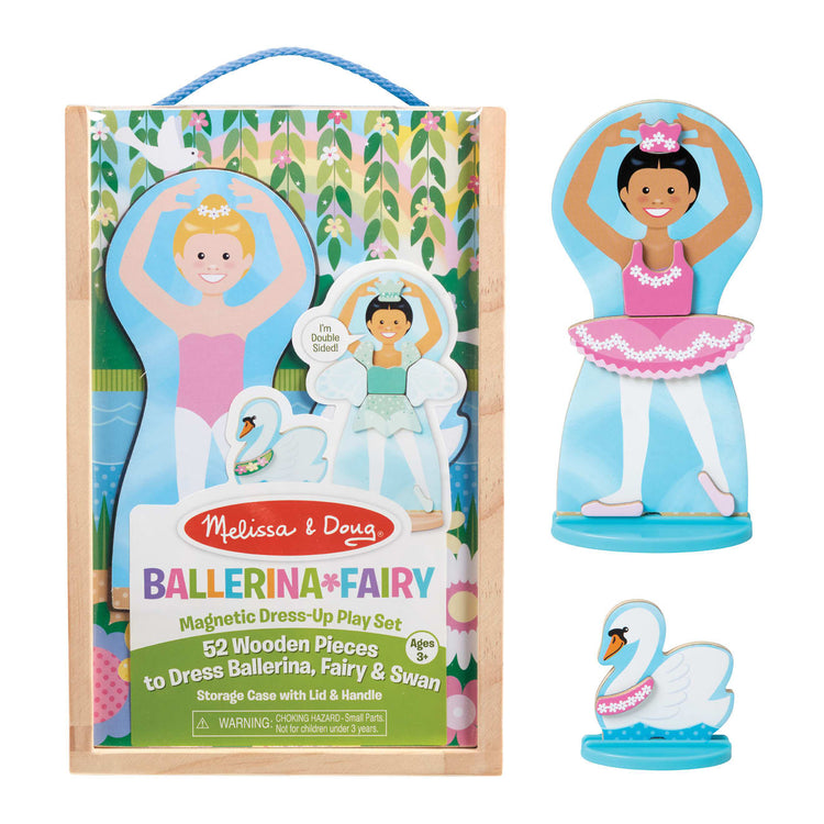 The loose pieces of the Melissa & Doug Ballerina And Fairy Magnetic Dress-Up Double-Sided Wooden Doll And Swan Pretend Play Set (52 pcs)