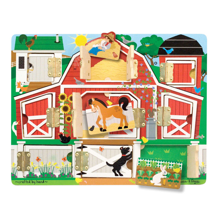 The loose pieces of the Melissa & Doug Hide and Seek Farm Wooden Activity Board With Barnyard Animal Magnets