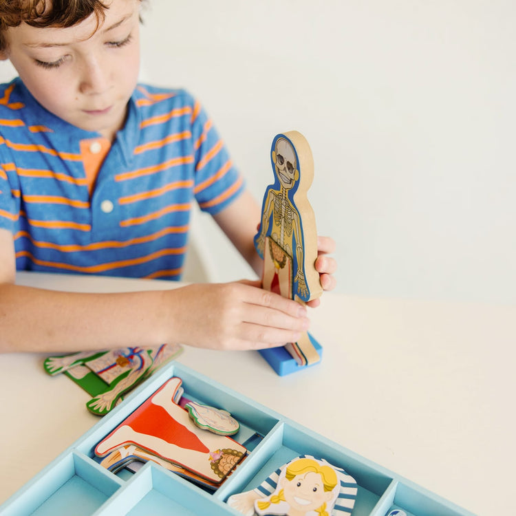 A kid playing with the Melissa & Doug Magnetic Human Body Anatomy Play Set With 24 Magnetic Pieces and Storage Tray