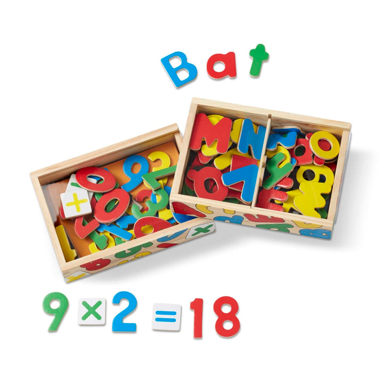 The loose pieces of the Melissa & Doug Wooden Magnetic Letters and Numbers 2-Pack (89 Magnets)