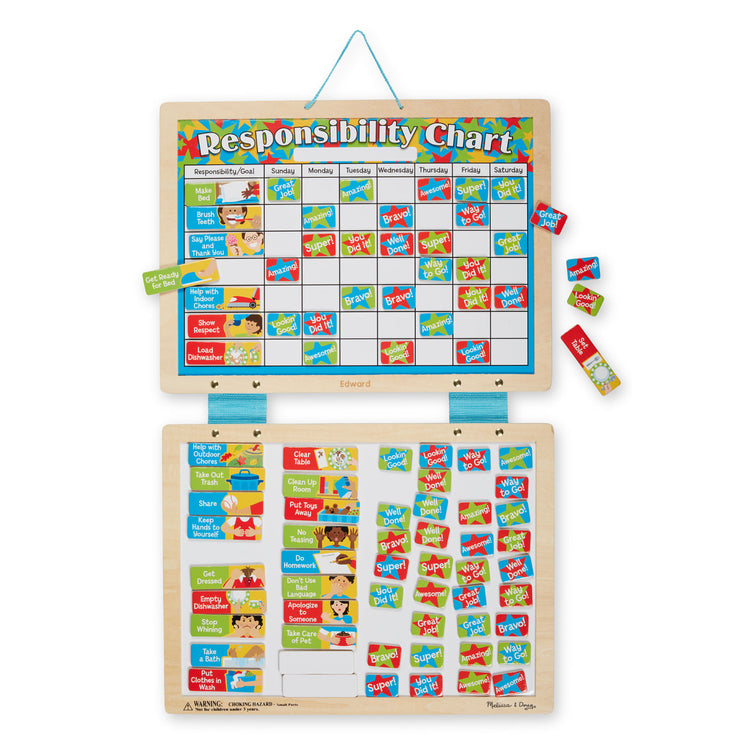 T child on white background with the Melissa & Doug Magnetic Responsibility Chart