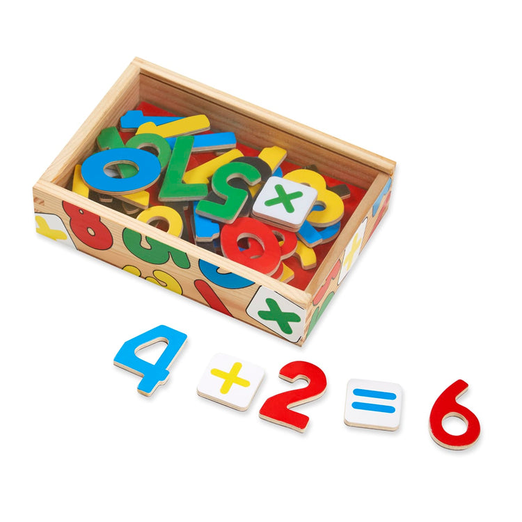 The loose pieces of the Melissa & Doug 37 Wooden Number Magnets in a Box