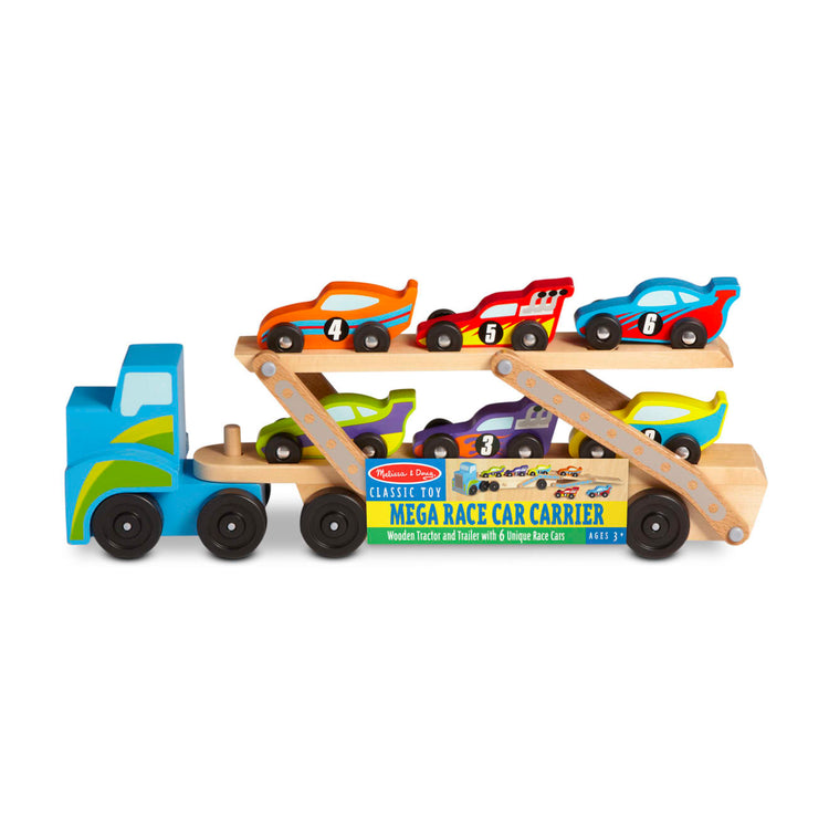 the Melissa & Doug Mega Race-Car Carrier - Wooden Tractor and Trailer With 6 Unique Race Cars