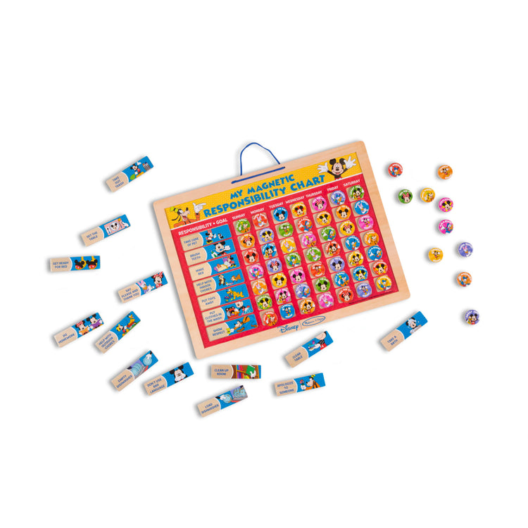 The loose pieces of the Melissa & Doug Disney Mickey Mouse Clubhouse My Magnetic Responsibility Chart