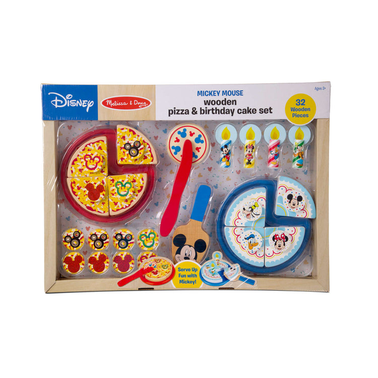 the Melissa & Doug Mickey Mouse Wooden Pizza and Birthday Cake Set (32 pcs) - Play Food