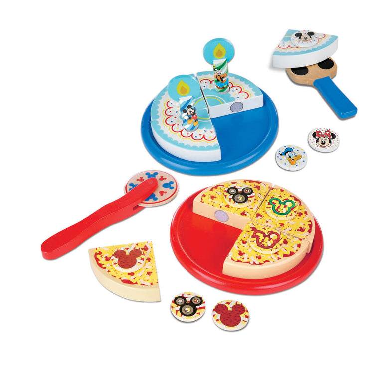 The loose pieces of the Melissa & Doug Mickey Mouse Wooden Pizza and Birthday Cake Set (32 pcs) - Play Food