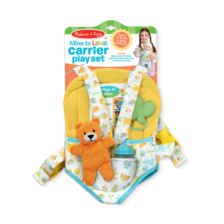 the Melissa & Doug Mine to Love Carrier Play Set for Baby Dolls with Toy Bear, Bottle, Rattle, Activity Card