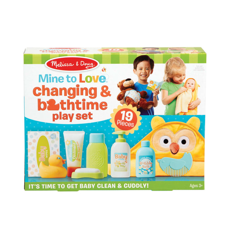 the Melissa & Doug Mine to Love Changing & Bathtime Play Set for Dolls – Diapers, Pretend Shampoo,Wipes, Towel,  More (19 pcs)