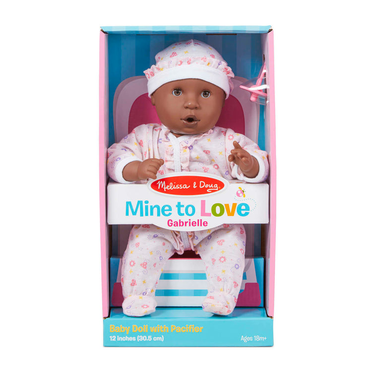 the Melissa & Doug Mine to Love Gabrielle 12" Poseable Baby Doll With Romper, Hat, Pacifier