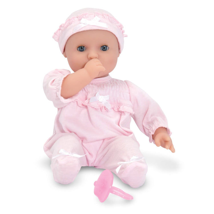 The loose pieces of the Melissa & Doug Mine to Love Jenna 12" Soft Body Baby Doll With Romper, Hat
