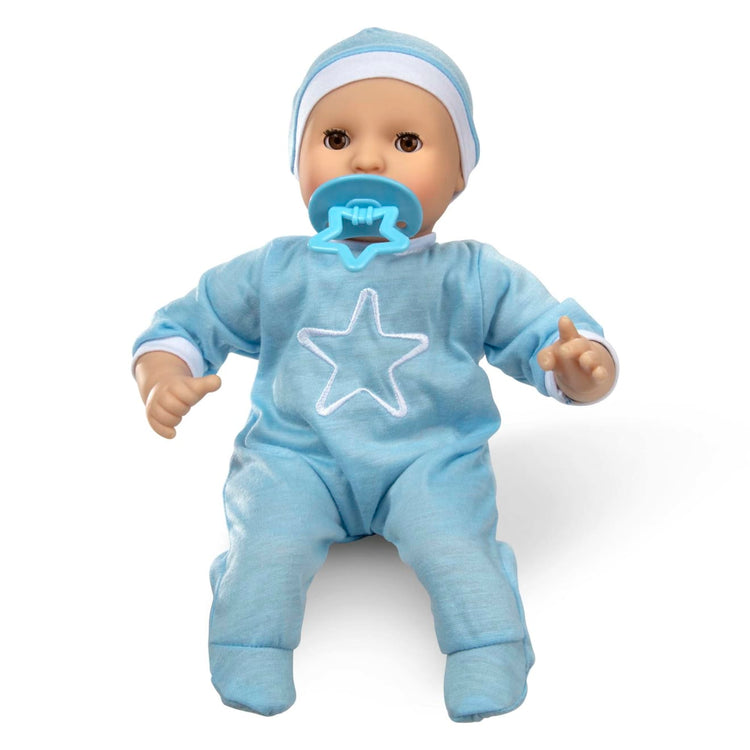 An assembled or decorated the Melissa & Doug Mine to Love Jordan 12” Light Skin-Tone Boy Baby Doll with Romper, Cap, Pacifier