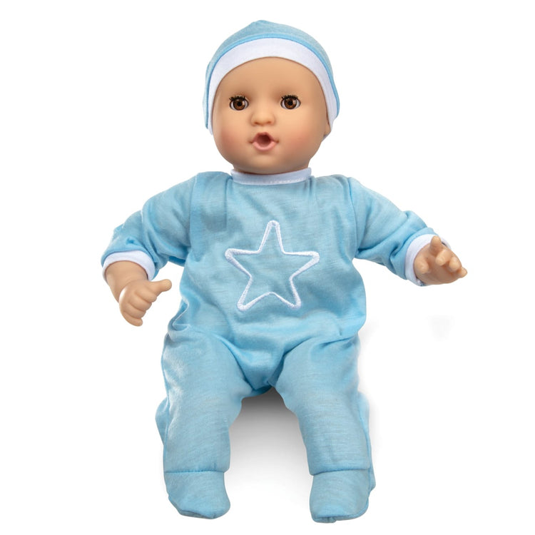 An assembled or decorated the Melissa & Doug Mine to Love Jordan 12” Light Skin-Tone Boy Baby Doll with Romper, Cap, Pacifier