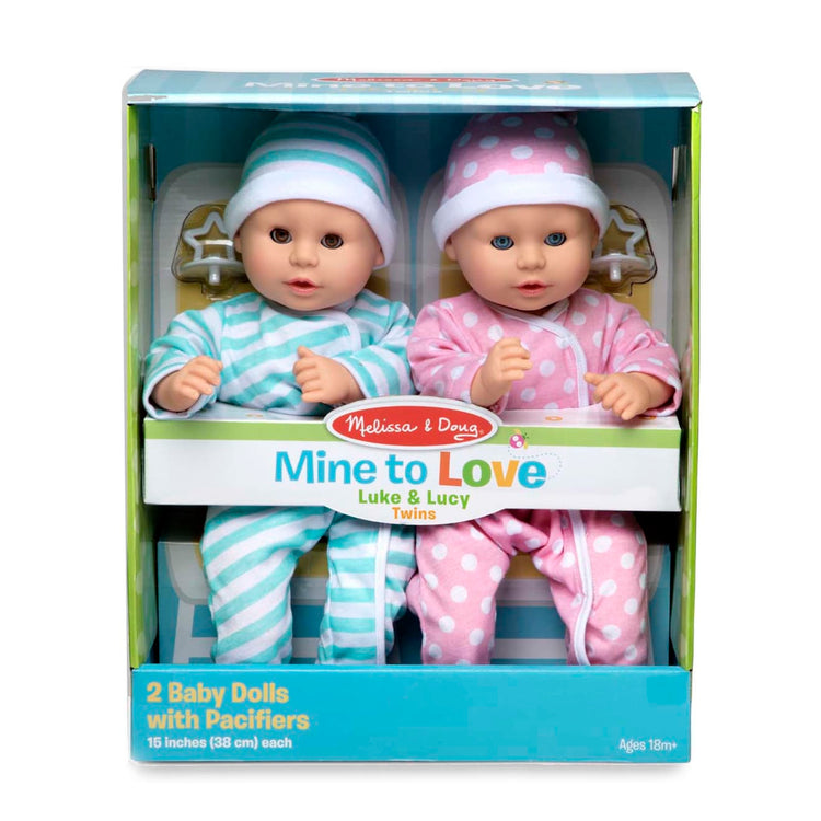 the Melissa & Doug Mine to Love Twins Luke & Lucy 15” Light Skin-Tone Boy and Girl Baby Dolls with Rompers, Caps, Pacifiers