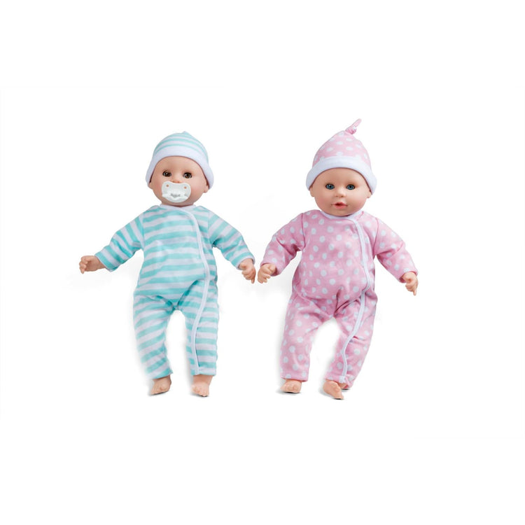 The loose pieces of the Melissa & Doug Mine to Love Twins Luke & Lucy 15” Light Skin-Tone Boy and Girl Baby Dolls with Rompers, Caps, Pacifiers