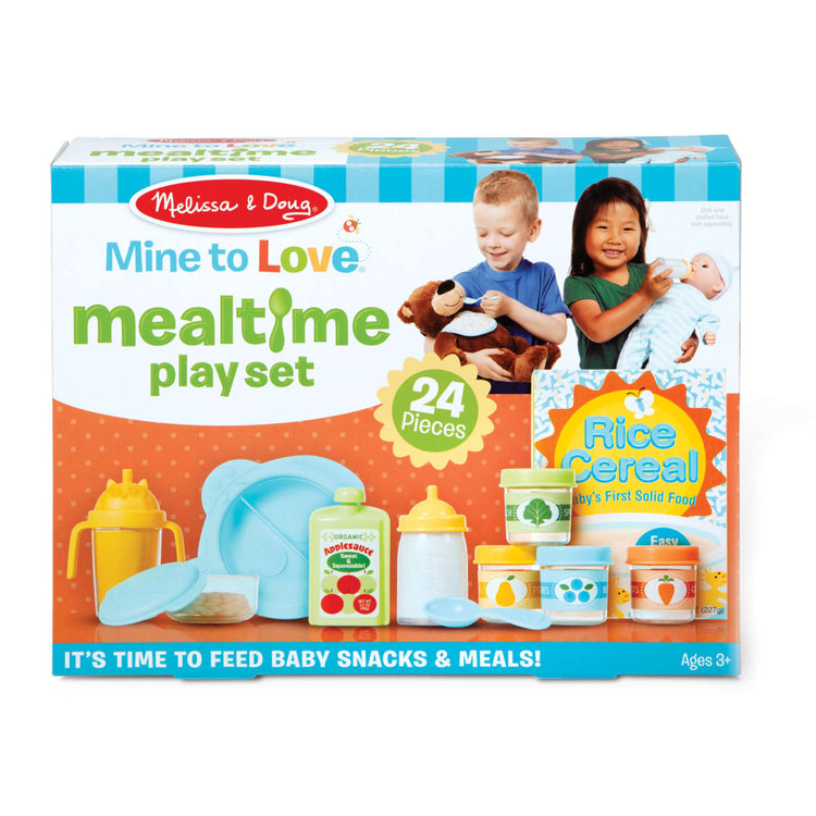 the Melissa & Doug Mine to Love Mealtime Play Set for Dolls with Bottle, Pretend Baby Food Jars, Snack Pouch, More (24 pcs)