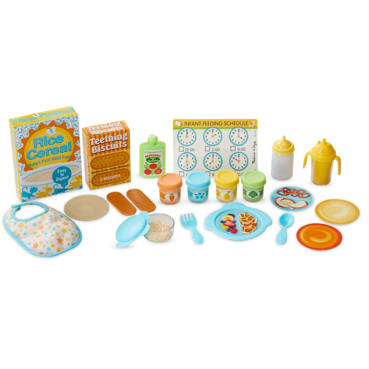 The loose pieces of the Melissa & Doug Mine to Love Mealtime Play Set for Dolls with Bottle, Pretend Baby Food Jars, Snack Pouch, More (24 pcs)