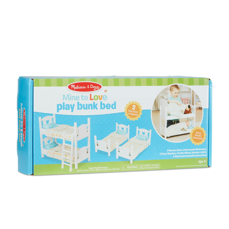 the Melissa & Doug Mine to Love Wooden Play Bunk Bed for Dolls, Stuffed Animals - White (2 Beds, 17.4”H x 9.1”W x 20.7”L Assembled and Stacked)