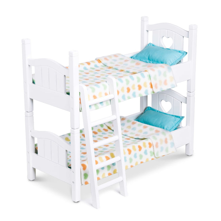 The loose pieces of the Melissa & Doug Mine to Love Wooden Play Bunk Bed for Dolls, Stuffed Animals - White (2 Beds, 17.4”H x 9.1”W x 20.7”L Assembled and Stacked)