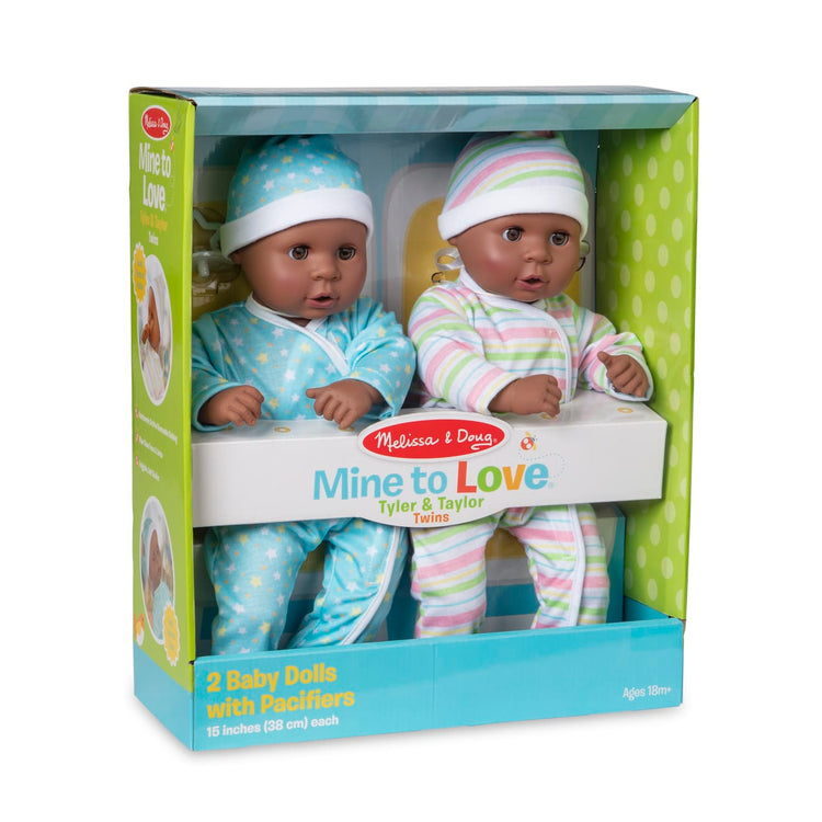 the Melissa & Doug Mine to Love Twins Tyler & Taylor 15” Dark Skin-Tone Boy and Girl Baby Dolls with Rompers, Caps, Pacifiers